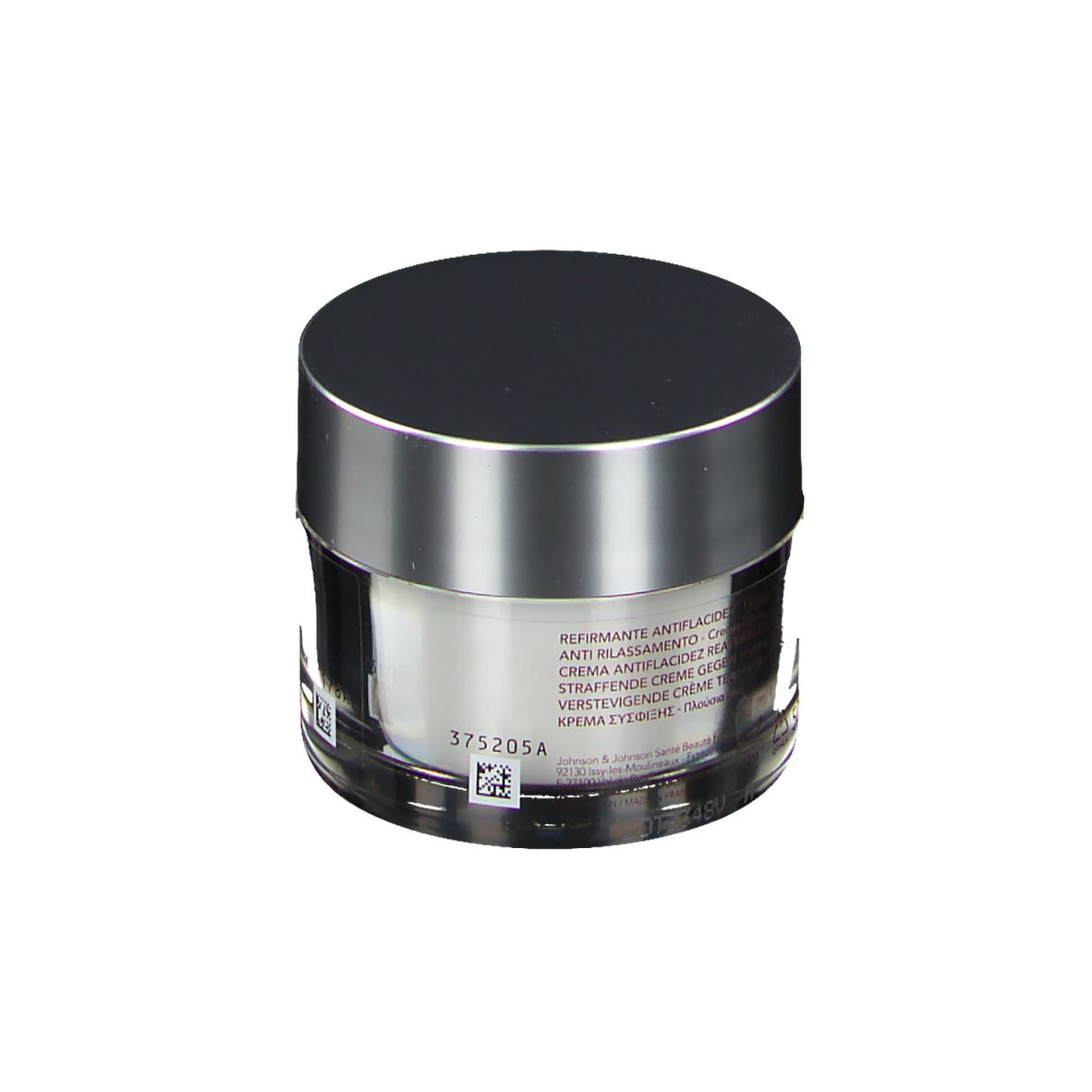 Pot de crème avec couvercle argenté. Nom du produit et texte sur l'étiquette. Récipient transparent avec contenu blanc.