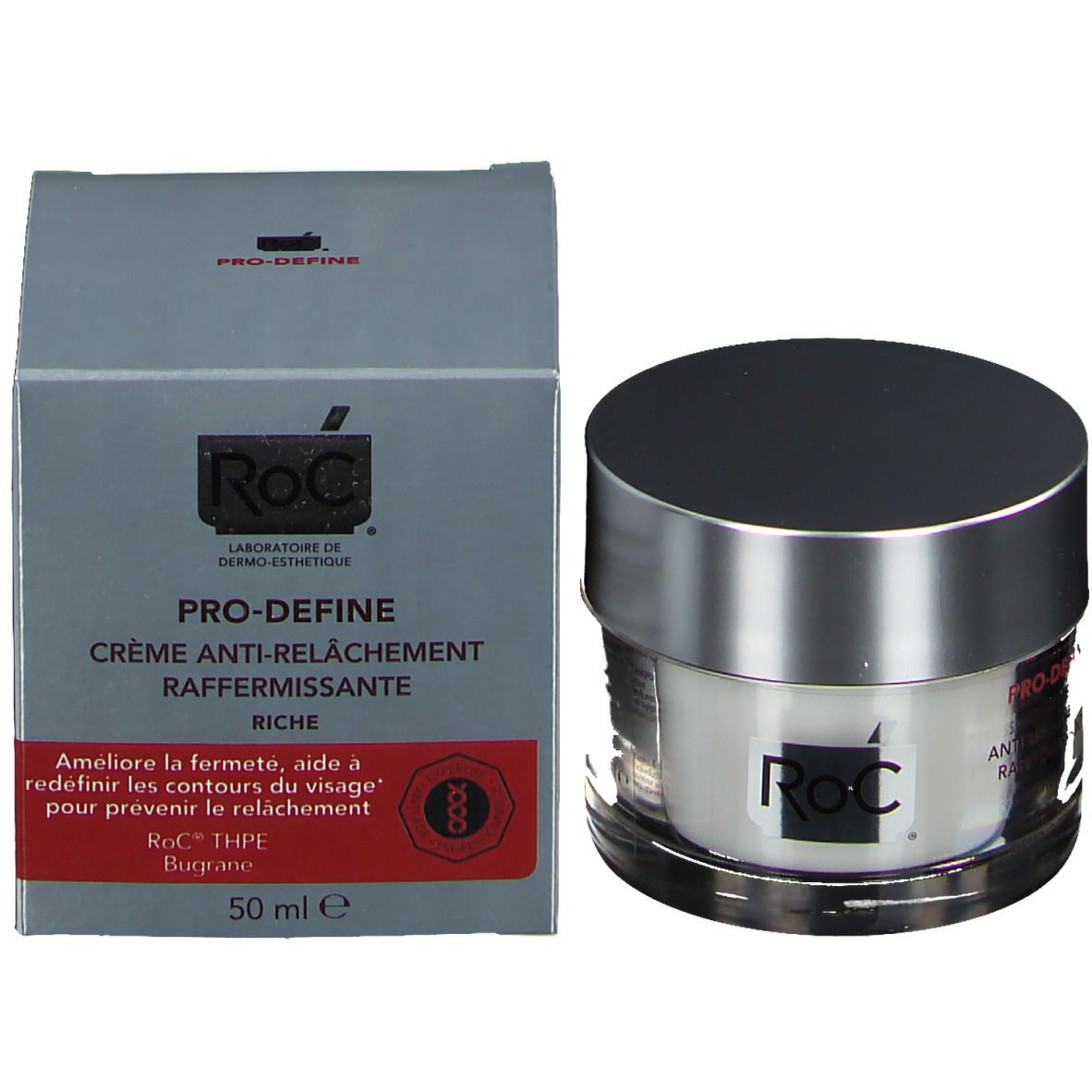 Pot de crème et boîte. Boîte avec nom du produit et logo. Pot de crème avec couvercle argenté.
