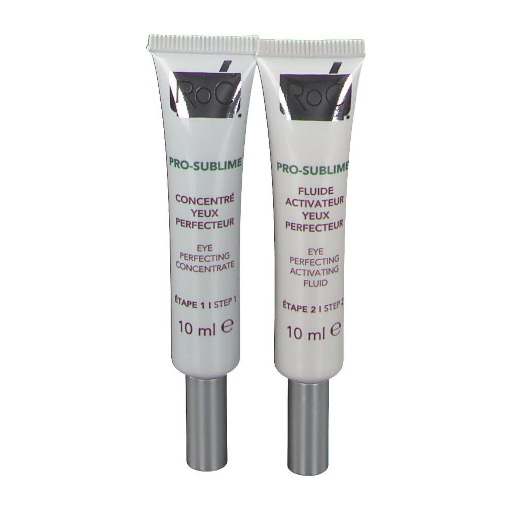 Deux tubes à embouts argentés. Inscription: RoC, Pro-Sublime, Concentré Yeux Perfecteur, 10 ml.