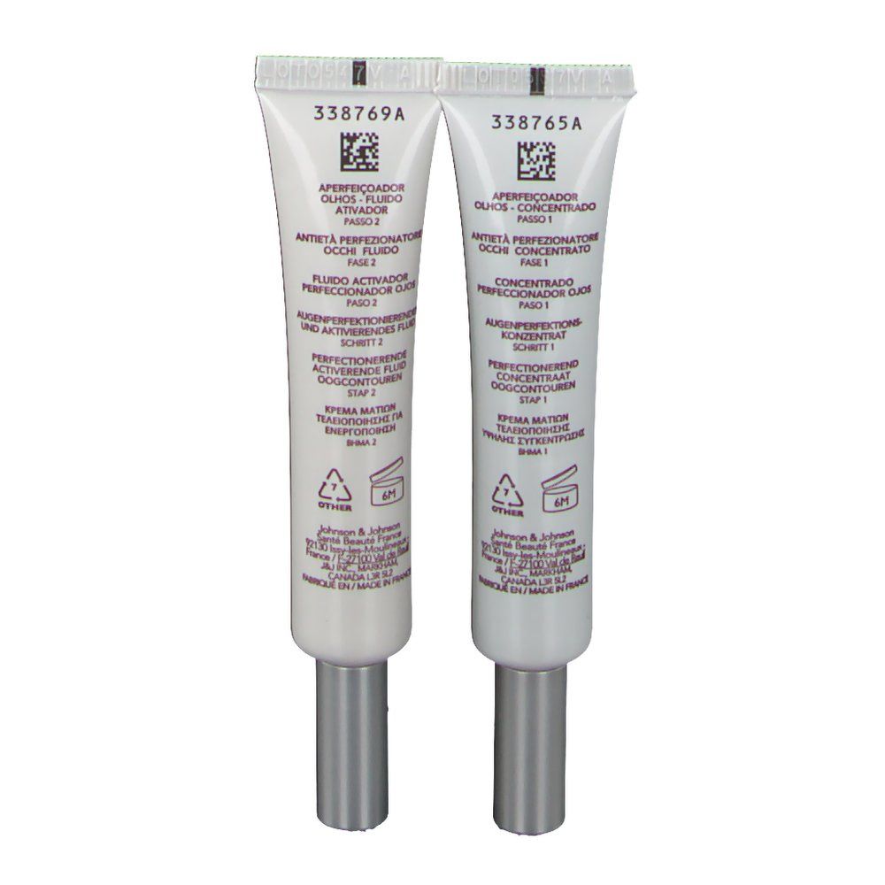 Deux tubes avec texte. Inscription: Anti-Âge Perfecting, Concentré Yeux, Fluide. 10 ml. Texte au dos.