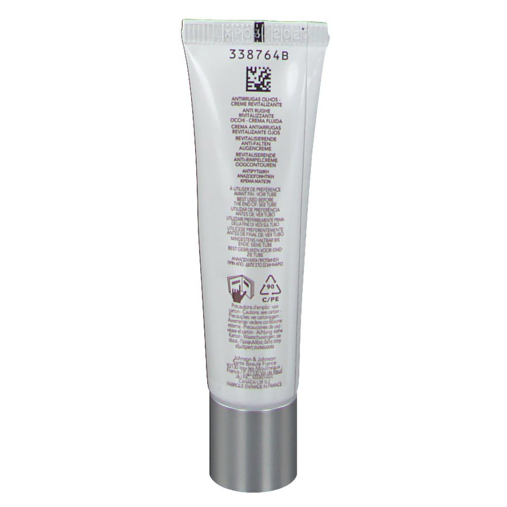 Dos du tube de crème yeux RoC Pro-Sublime. Blanc avec texte et codes. Contient des informations et les coordonnées du fabricant.