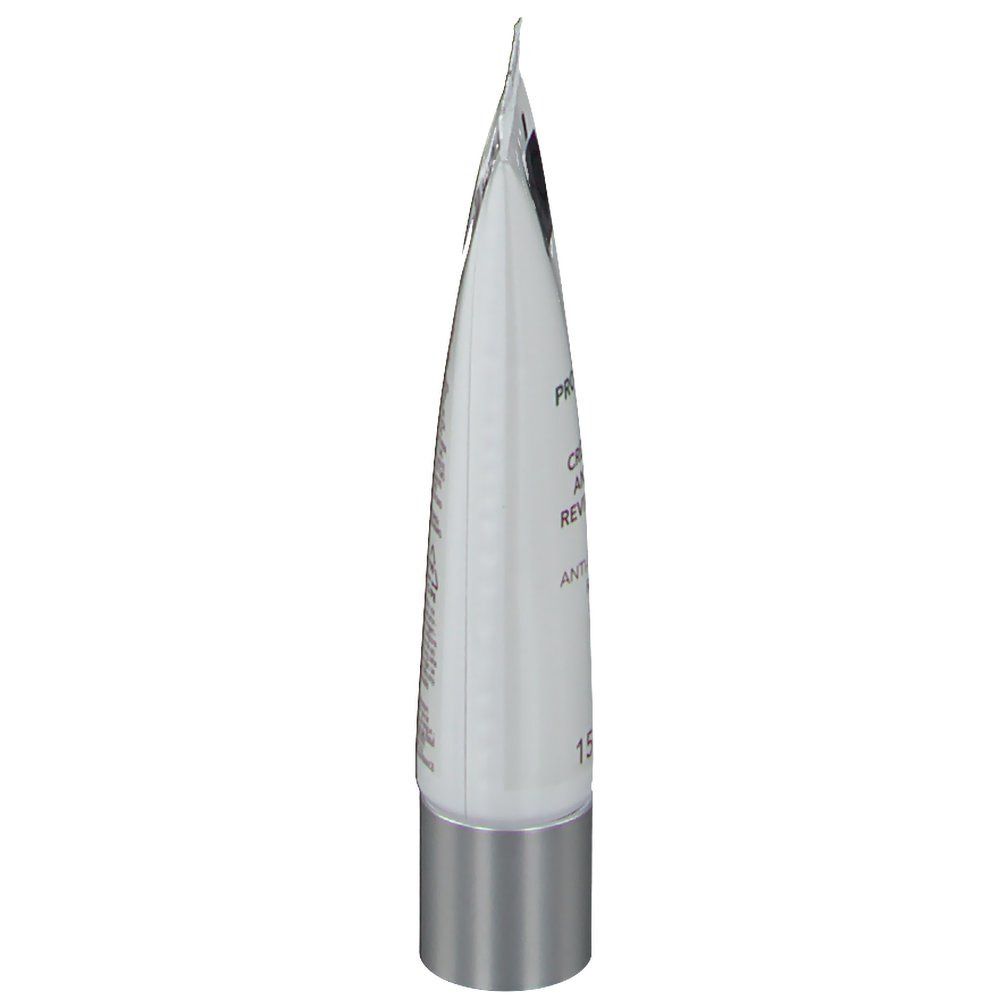 Vue latérale du tube de crème yeux RoC Pro-Sublime. Blanc avec bouchon argenté. Texte: Crème Yeux Anti-Rides Revitalisante, 15 ml.