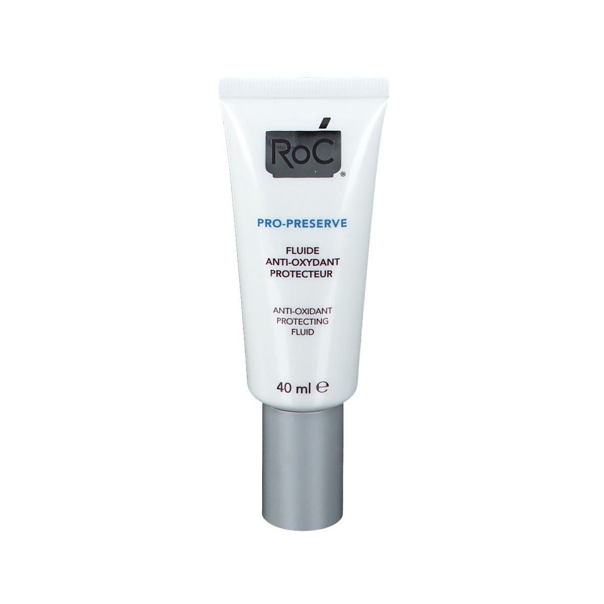 Tube blanc avec bouchon argenté. Inscription: RoC, PRO-PRESERVE, Fluide Anti-Oxydant Protecteur. 40 ml.