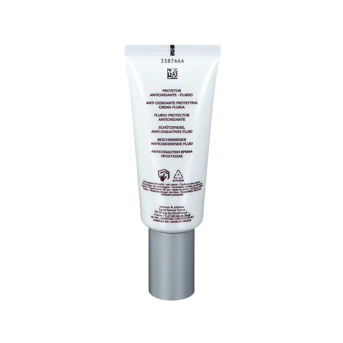 Dos d'un tube blanc avec bouchon argenté. Informations produit multilingues. Inscription: PRO-PRESERVE, Anti-Oxydant.