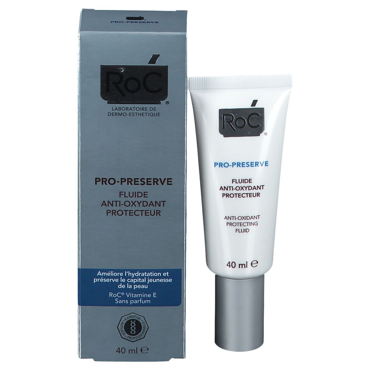 Emballage et tube du produit. Emballage: gris, RoC, PRO-PRESERVE, Fluide Anti-Oxydant Protecteur. Tube: blanc, 40 ml.