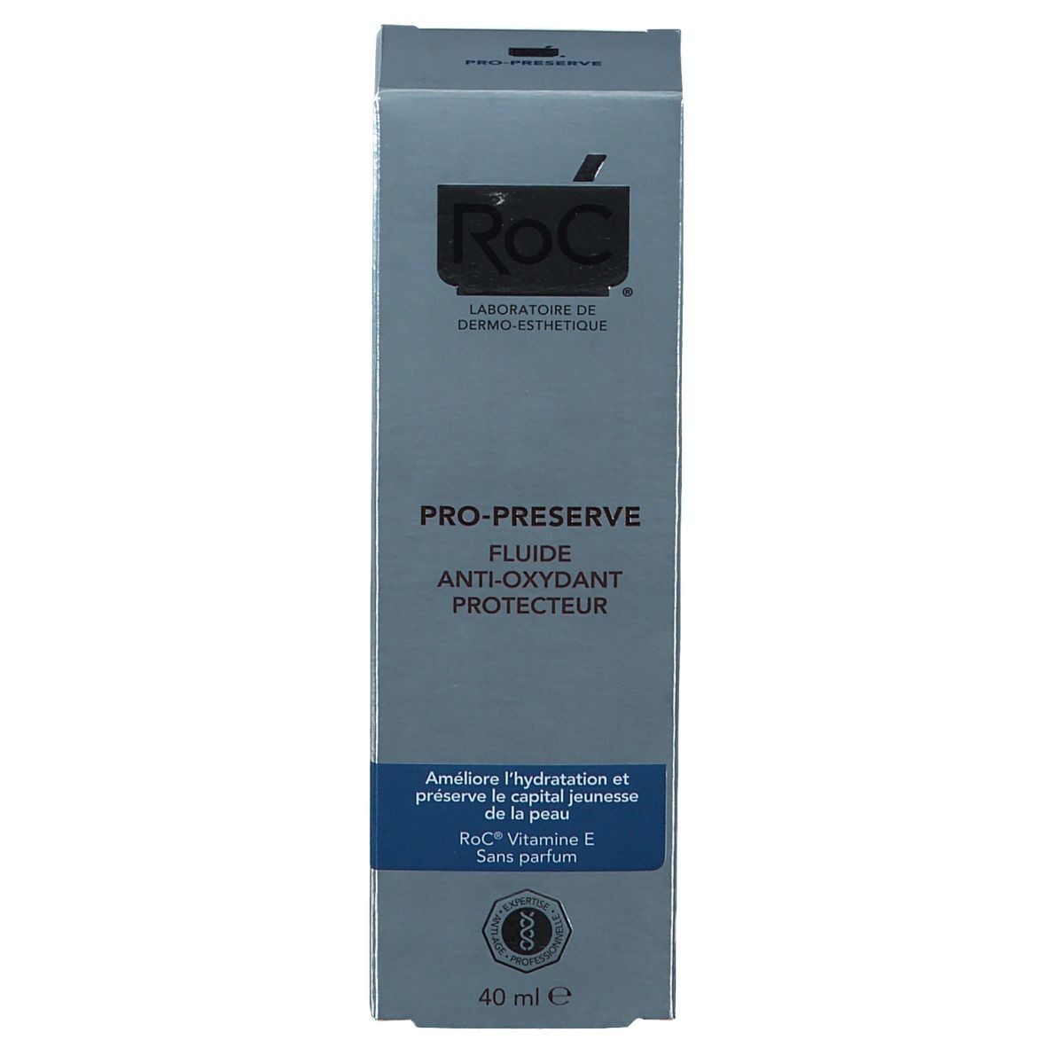 Emballage produit gris. Inscription: RoC, PRO-PRESERVE, Fluide Anti-Oxydant Protecteur. 40 ml. Texte: Améliore l'hydratation.