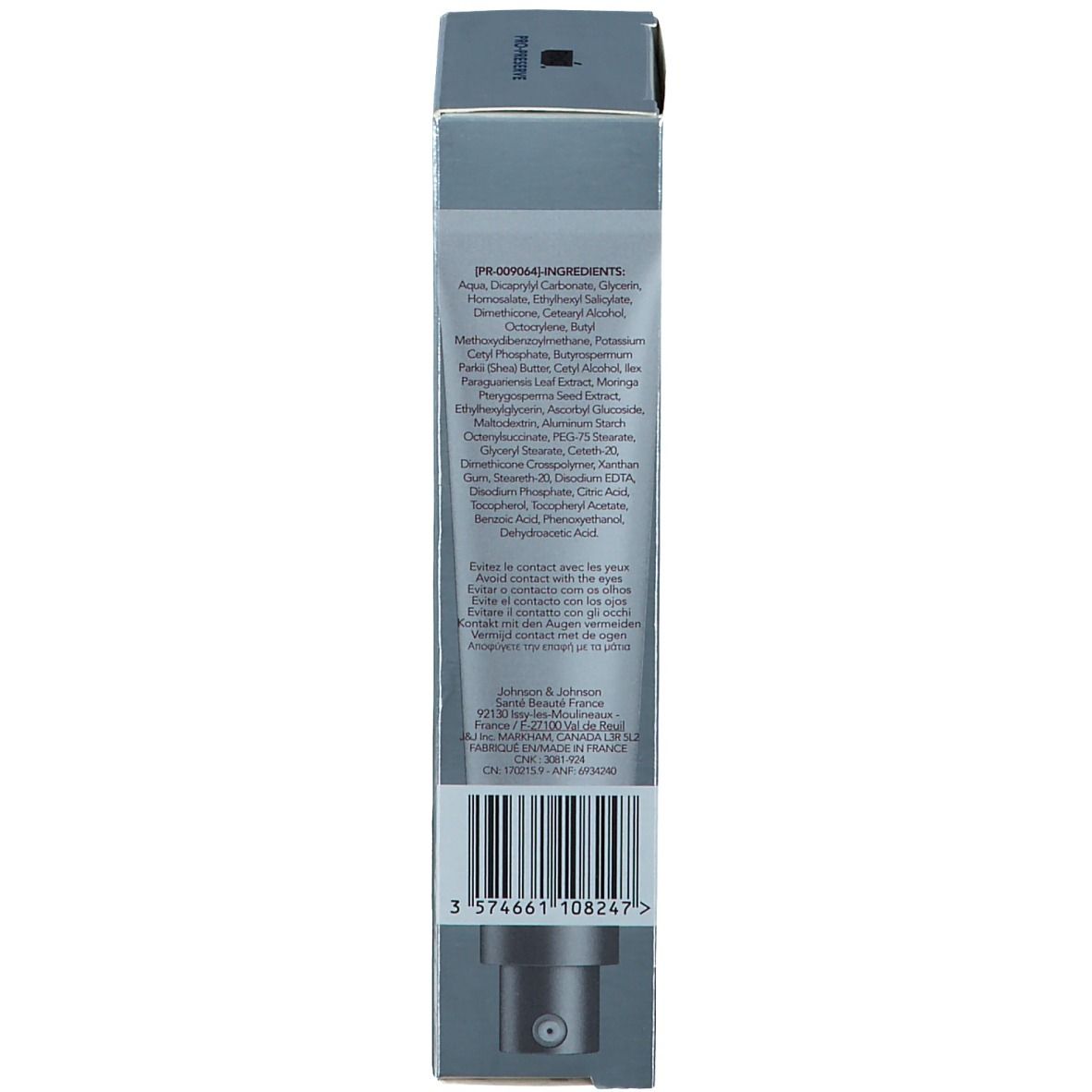 Dos de l'emballage produit gris. Ingrédients, avertissements et code-barres. Inscription: PRO-PRESERVE, Anti-Oxydant.