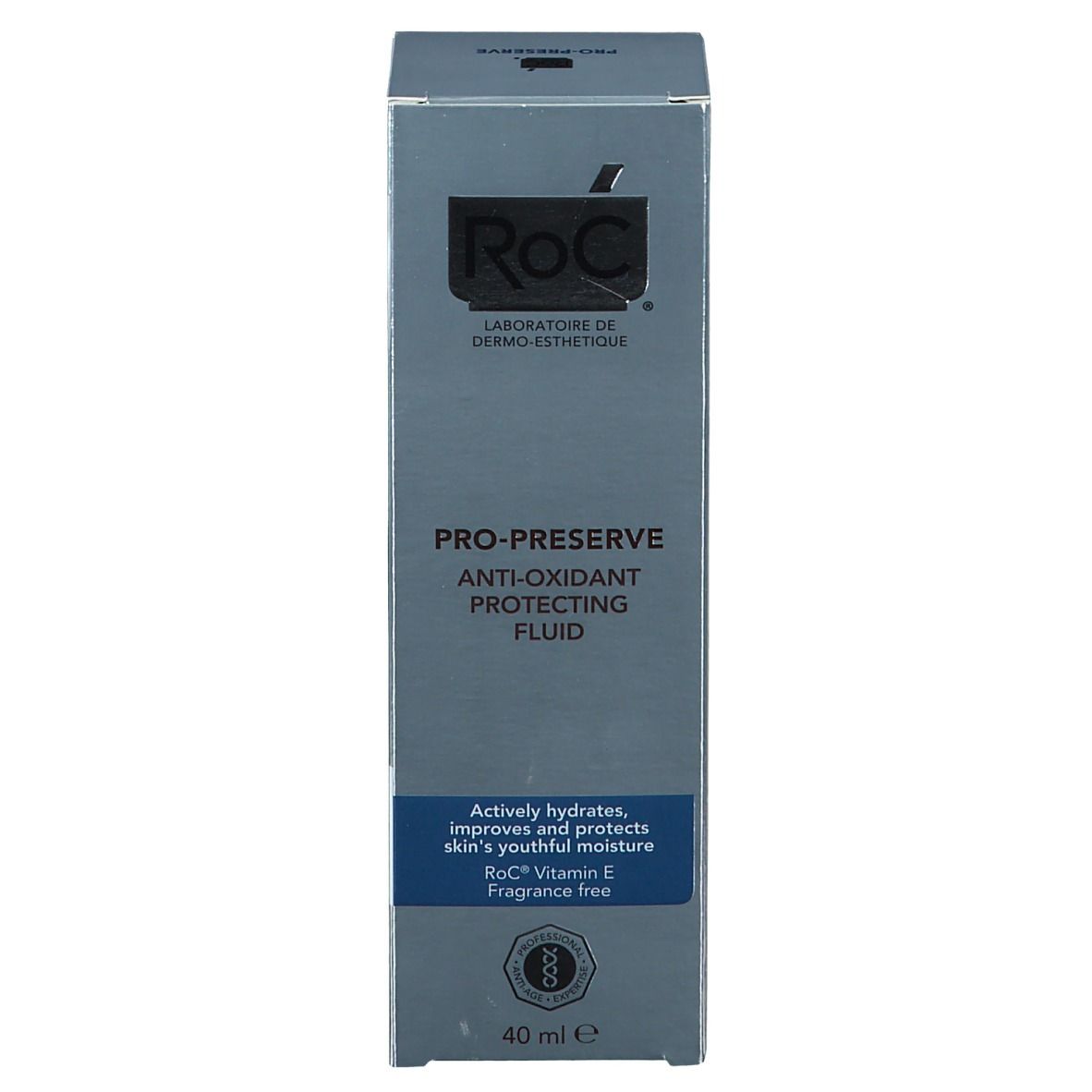 Emballage produit gris. Inscription: RoC, PRO-PRESERVE, Fluide Anti-Oxydant Protecteur. 40 ml. Texte: Hydrate et protège.