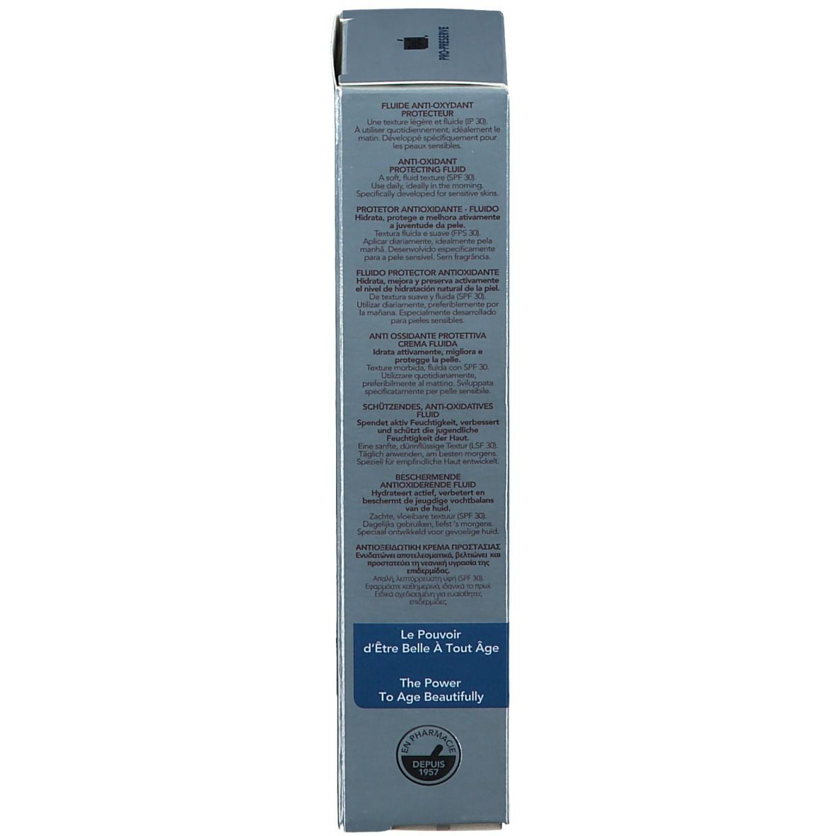 Côté de l'emballage produit gris. Informations produit multilingues. Inscription: PRO-PRESERVE, Anti-Oxydant.