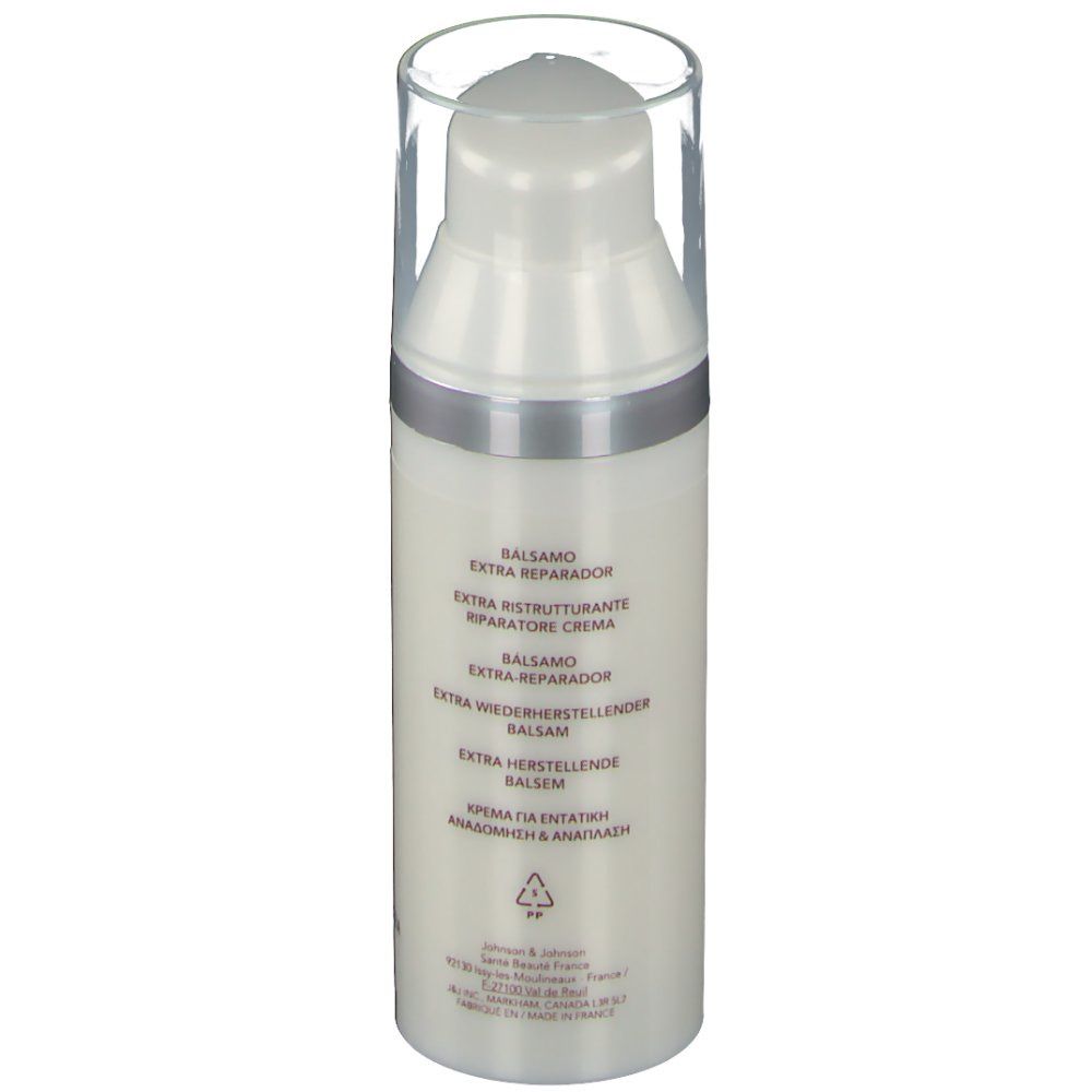 Flacon blanc avec bouchon transparent. Informations produit au dos, en plusieurs langues.