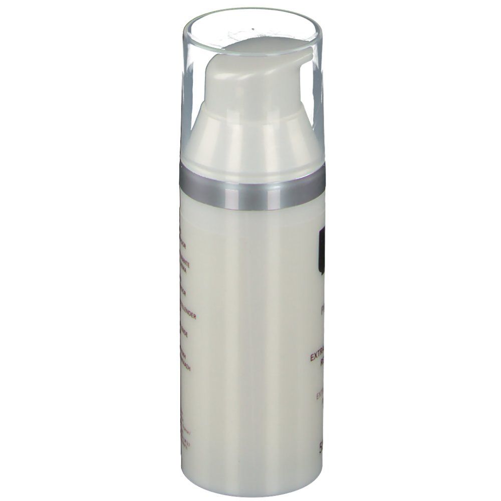 Flacon blanc avec bouchon transparent. Vue latérale avec informations produit.