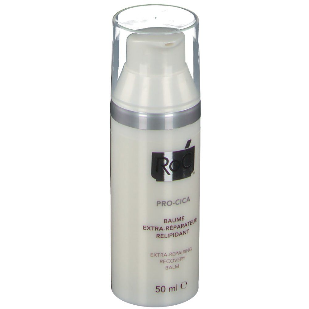 Flacon blanc avec bouchon transparent. Inscriptions: RoC® PRO-CICA, Baume Extra-Réparateur Relipidant, Extra-Repairing Recovery Balm, 50 ml.