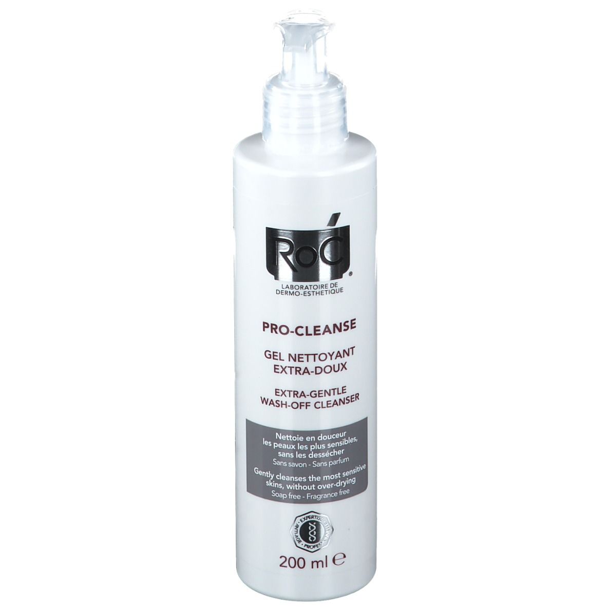 Flacone bianco con dosatore. Scritta: RoC PRO-CLEANSE Gel Nettoyant Extra Doux. 200 ml.