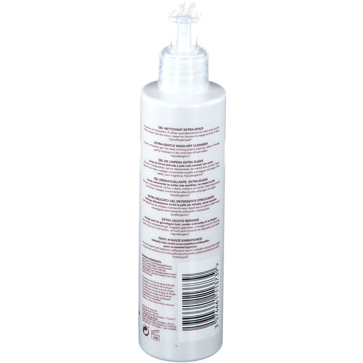 Flacone bianco con dosatore. Retro con testo multilingue. Codice a barre.