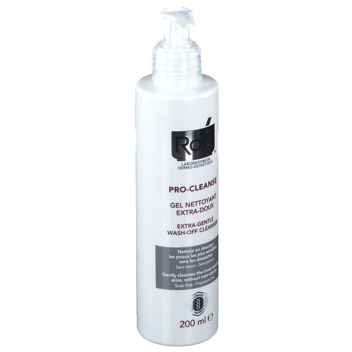 Flacone bianco con dosatore. Scritta: RoC PRO-CLEANSE Gel Nettoyant Extra Doux. 200 ml.