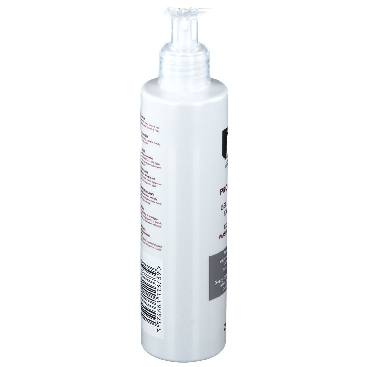 Flacone bianco con dosatore. Retro con testo. Codice a barre e altre informazioni.