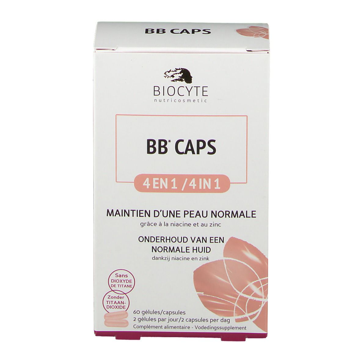 Boîte de Biocyte® BB Caps 4 en 1. Inscription: BB CAPS, 4 EN 1/4 IN 1. Contient 60 gélules. Avec zinc et niacine.