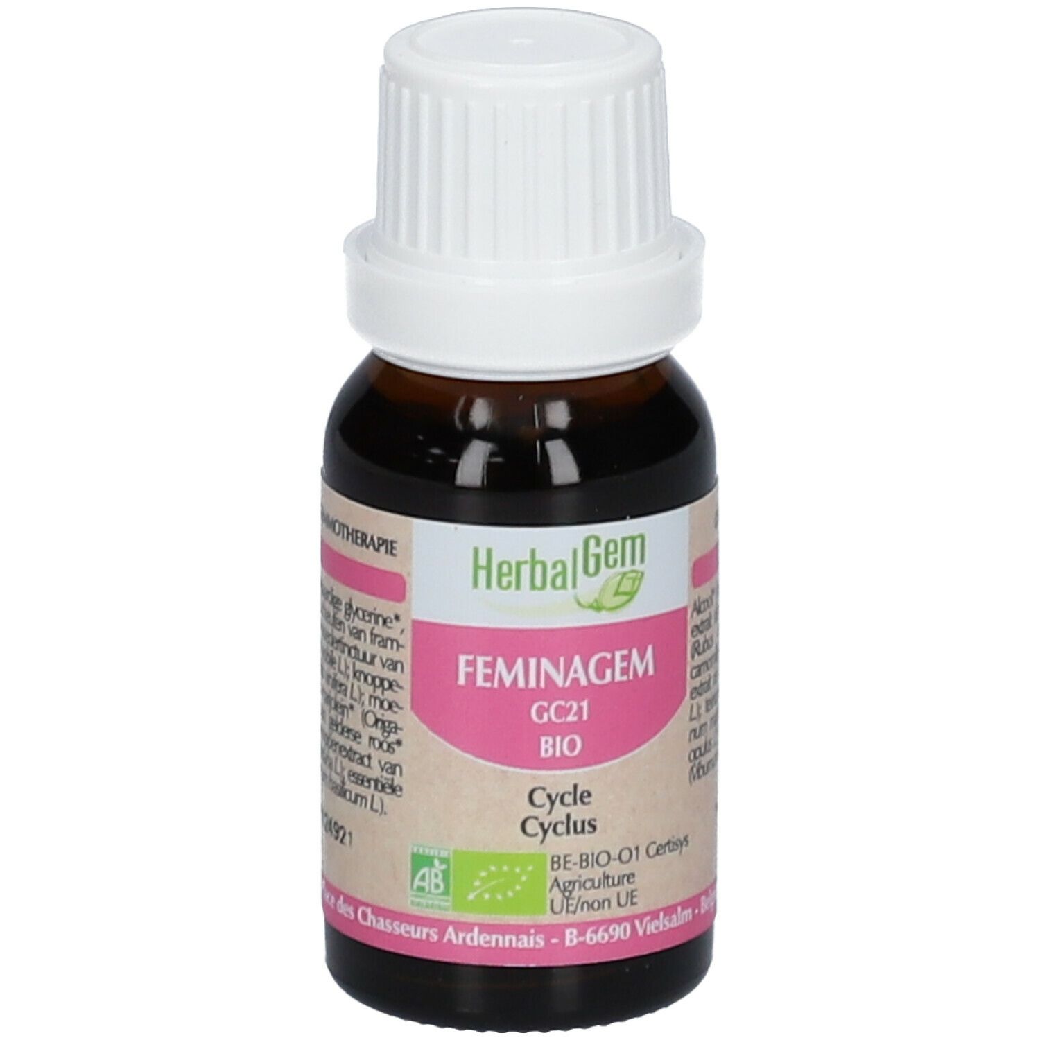 Flacon en verre brun avec bouchon blanc. Étiquette avec Herbalgem, FEMINAGEM, GC21 BIO, Cycle Cyclus. Certification AB-Bio-01.