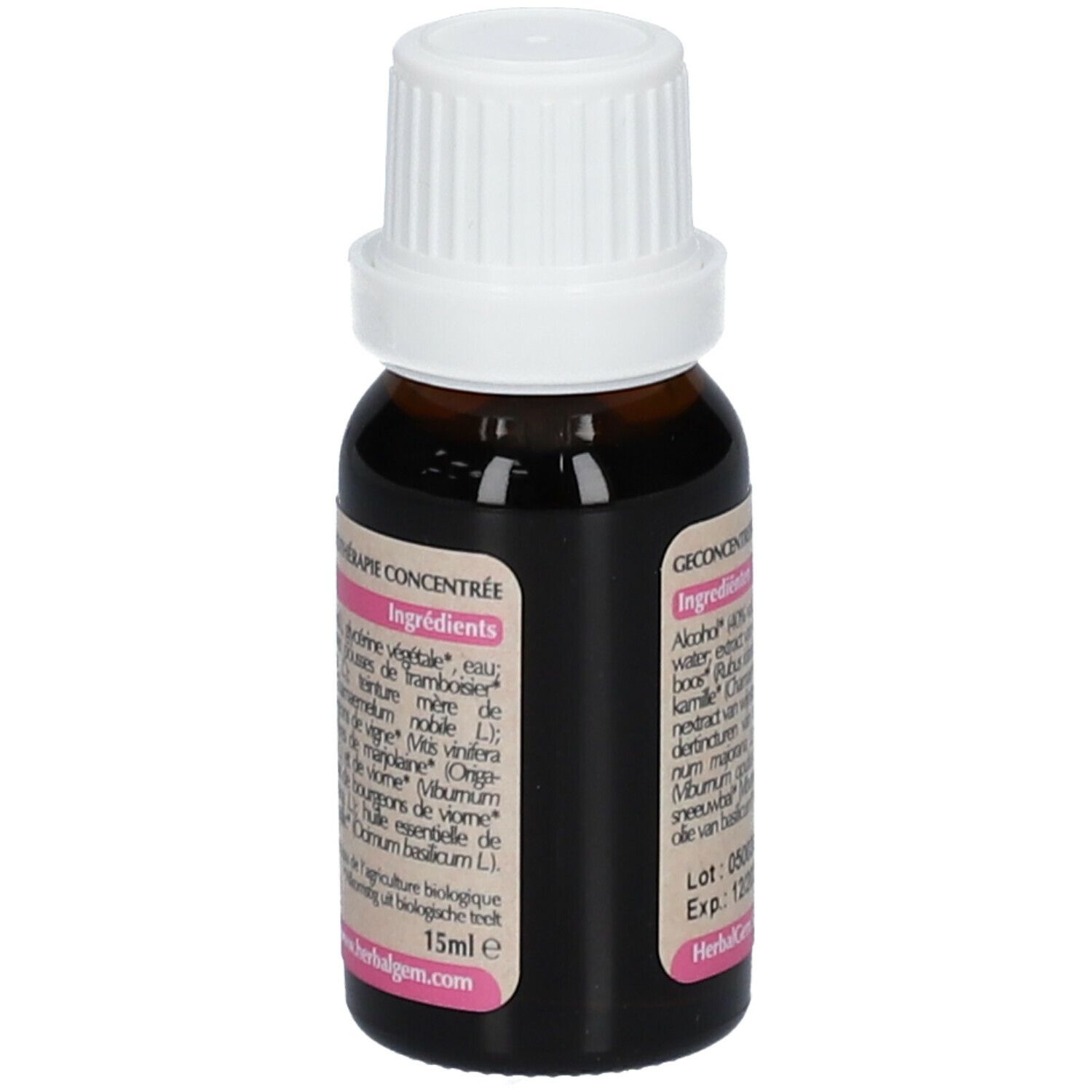 Flacon en verre brun avec bouchon blanc. Étiquette avec ingrédients: alcool, eau, framboise, etc. Volume: 15ml. Adresse du fabricant.