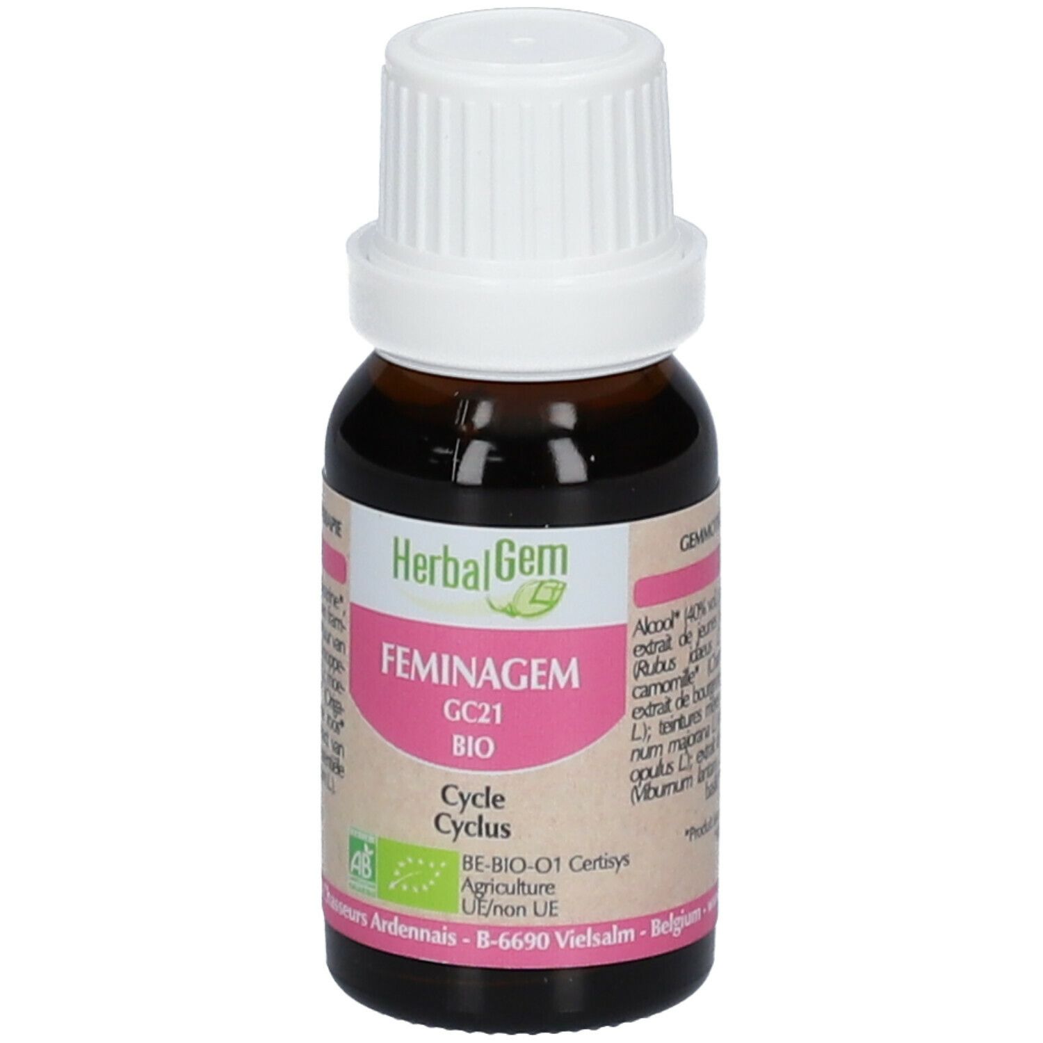Flacon en verre brun avec bouchon blanc. Étiquette avec Herbalgem, FEMINAGEM, GC21 BIO, Cycle Cyclus. Certification AB-Bio-01.