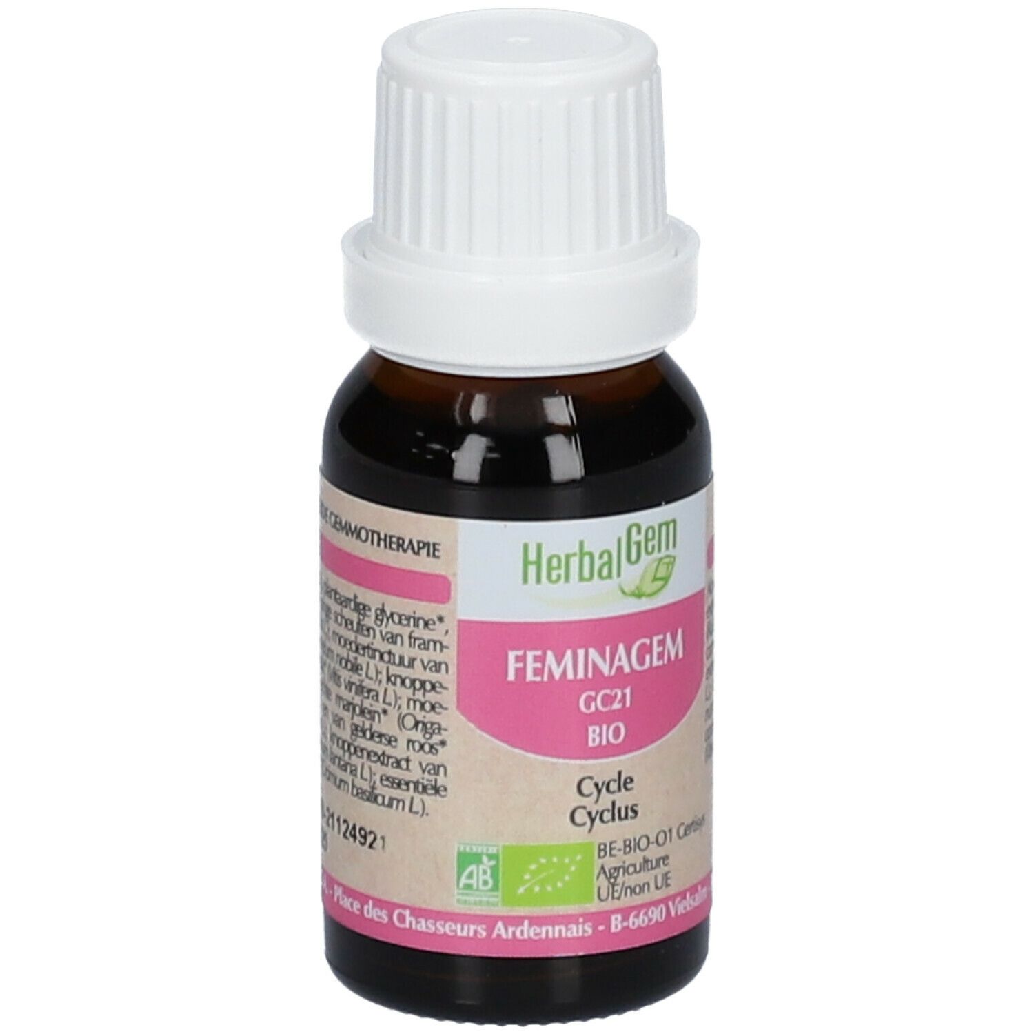 Flacon en verre brun avec bouchon blanc. Étiquette avec Herbalgem, FEMINAGEM, GC21 BIO, Cycle Cyclus. Certification AB-Bio-01.