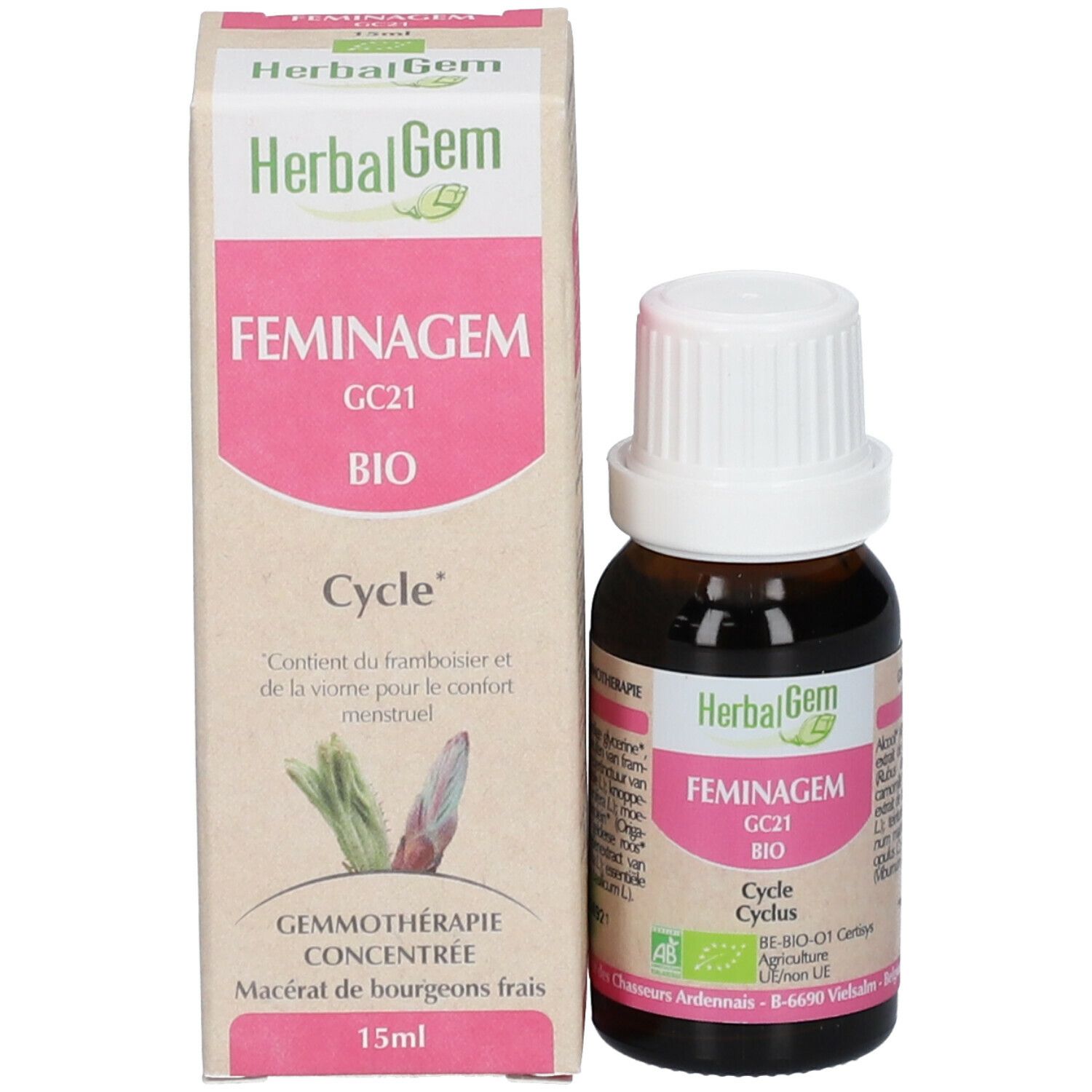 Emballage et flacon du produit. Emballage avec Herbalgem, FEMINAGEM, GC21 BIO, Cycle. Flacon: 15ml. Description du produit.