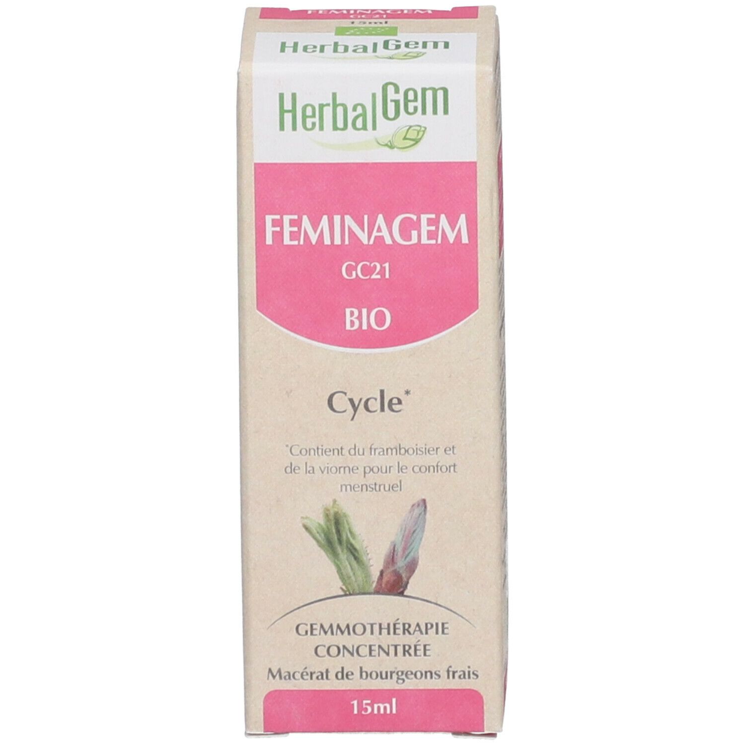 Emballage du produit. Emballage avec Herbalgem, FEMINAGEM, GC21 BIO, Cycle. Description du produit et illustration.