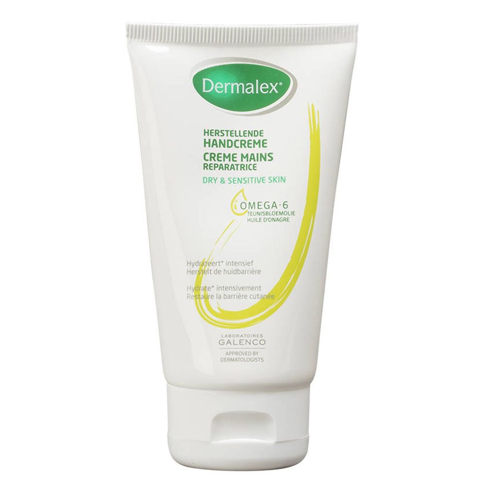 Witte tube met groen en geel design. Opschrift: Dermalex, Handcrème, Omega-6. Voor droge en gevoelige huid.