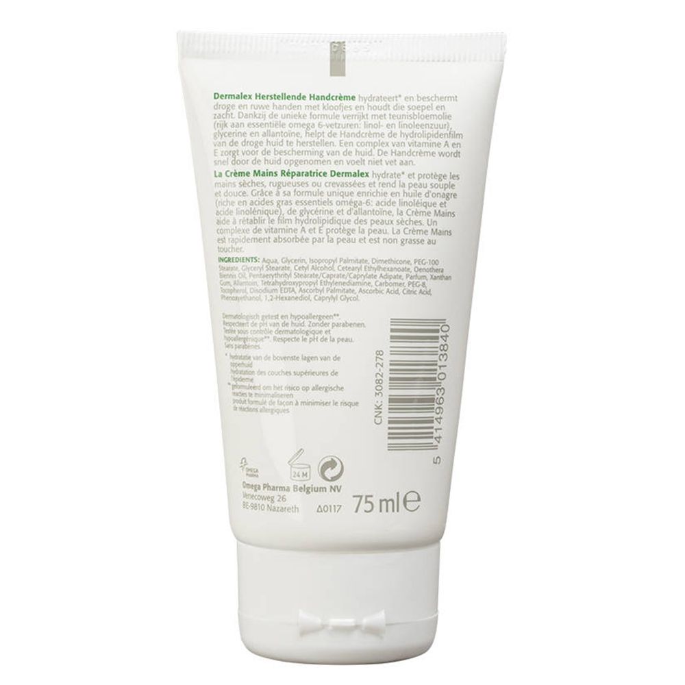 Achterkant van een witte tube. Tekst in meerdere talen. Ingrediënten, fabrikantinfo en barcode zichtbaar.