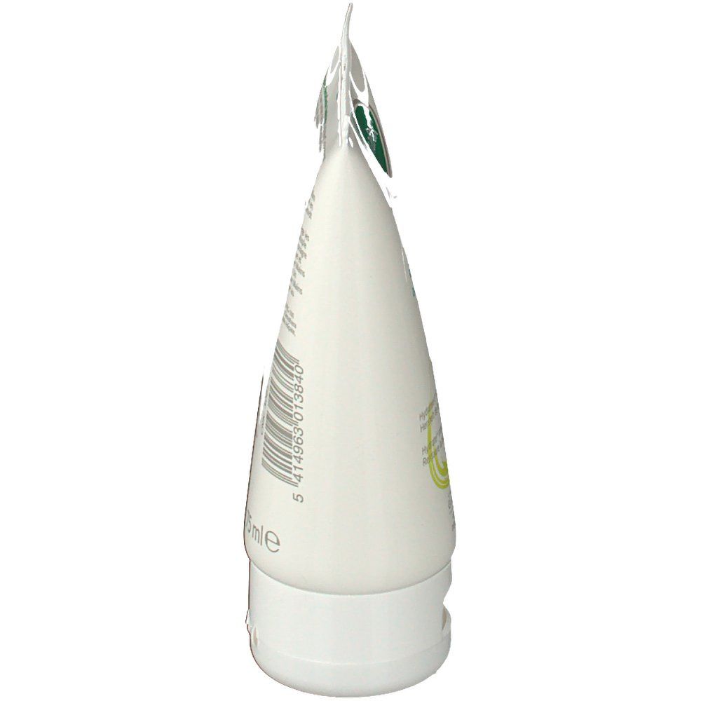 Zijaanzicht van een witte tube. Barcode en volumeaanduiding 75 ml zichtbaar.