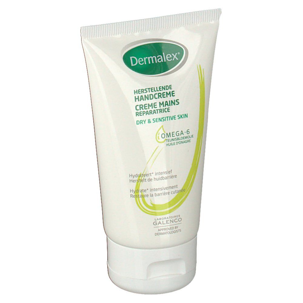 Witte tube met groen en geel design. Opschrift: Dermalex, Handcrème, Omega-6. Voor droge en gevoelige huid.