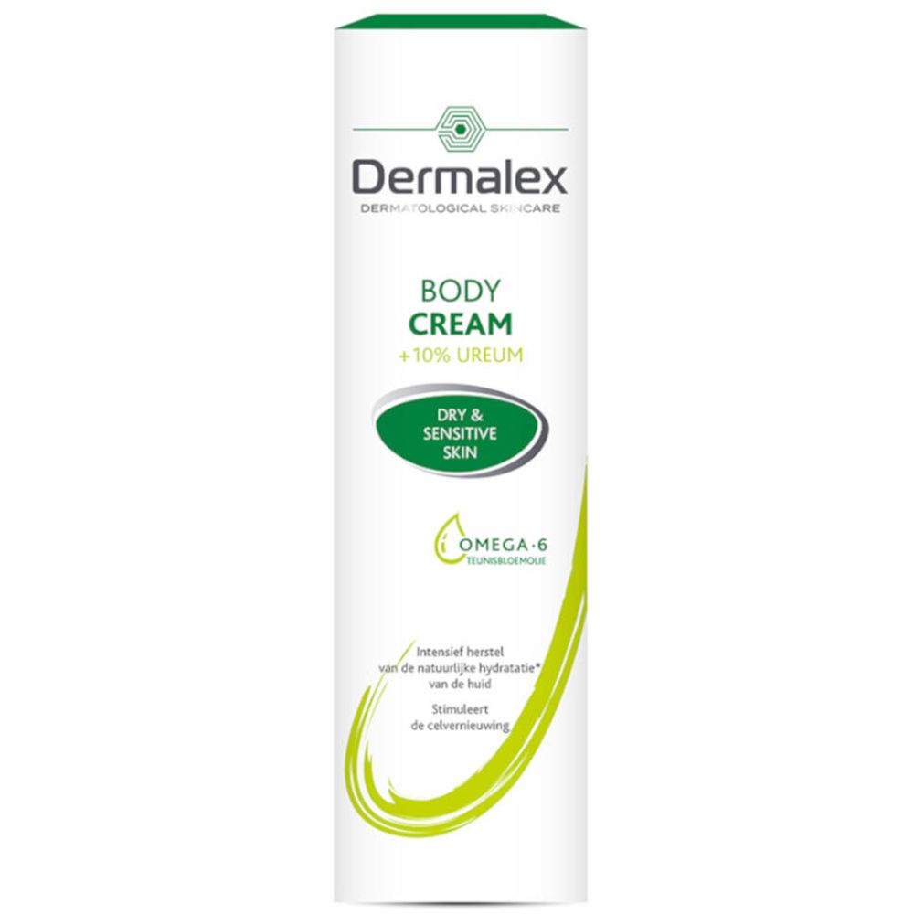 Cilindrische tube. Opschrift: Dermalex Body Cream +10% Ureum. Voor droge en gevoelige huid. Omega-6.