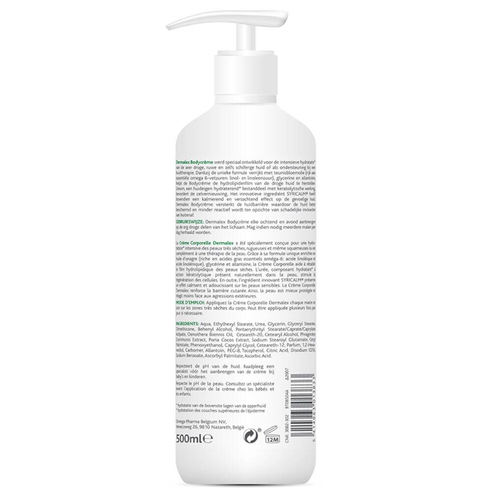 Witte fles met pomp. Tekst: Dermalex Bodycream. Ingrediënten. Gebruiksaanwijzing. 500ml.
