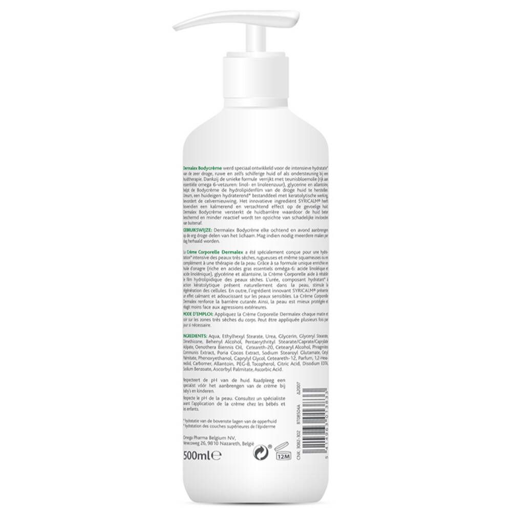 Witte fles met pomp. Tekst: Dermalex Bodycream. Ingrediënten. Gebruiksaanwijzing. 500ml.