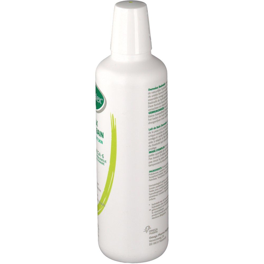 Witte fles met groen etiket. Tekst: Dermalex Lait De Bain. Omega-6. Voor droge en gevoelige huid. Galenco.