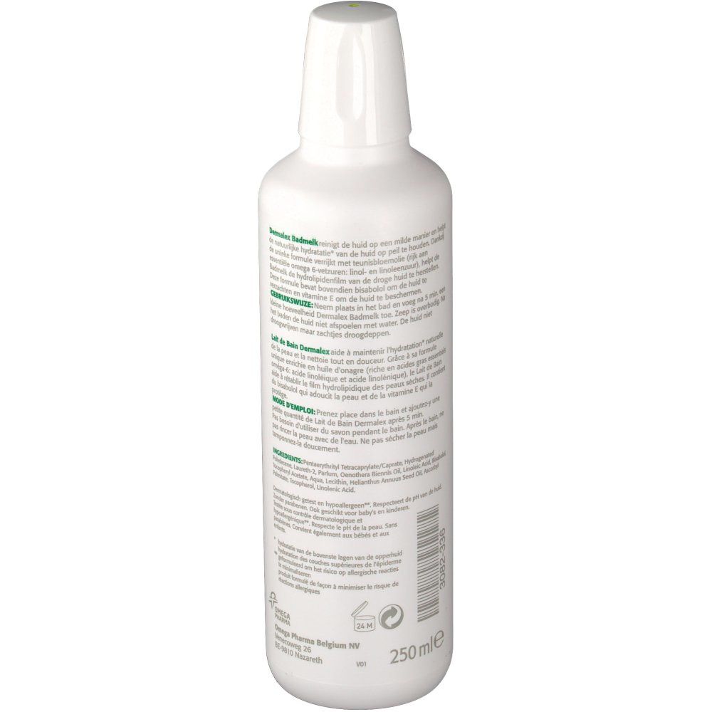 Witte fles met tekst. Achterkant met productinformatie. Tekst in meerdere talen. 250 ml.
