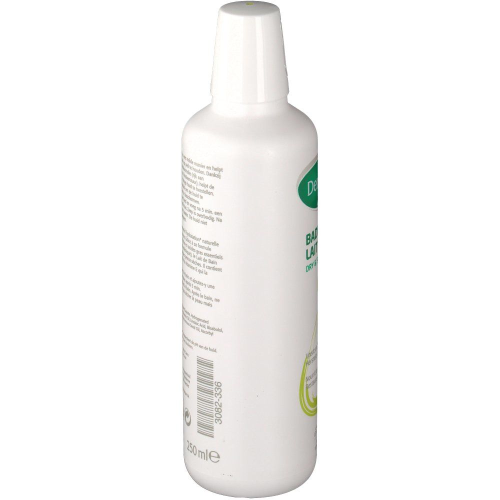 Witte fles met tekst. Achterkant met productinformatie. Barcode en 250 ml. Tekst: Dermalex Lait De Bain.