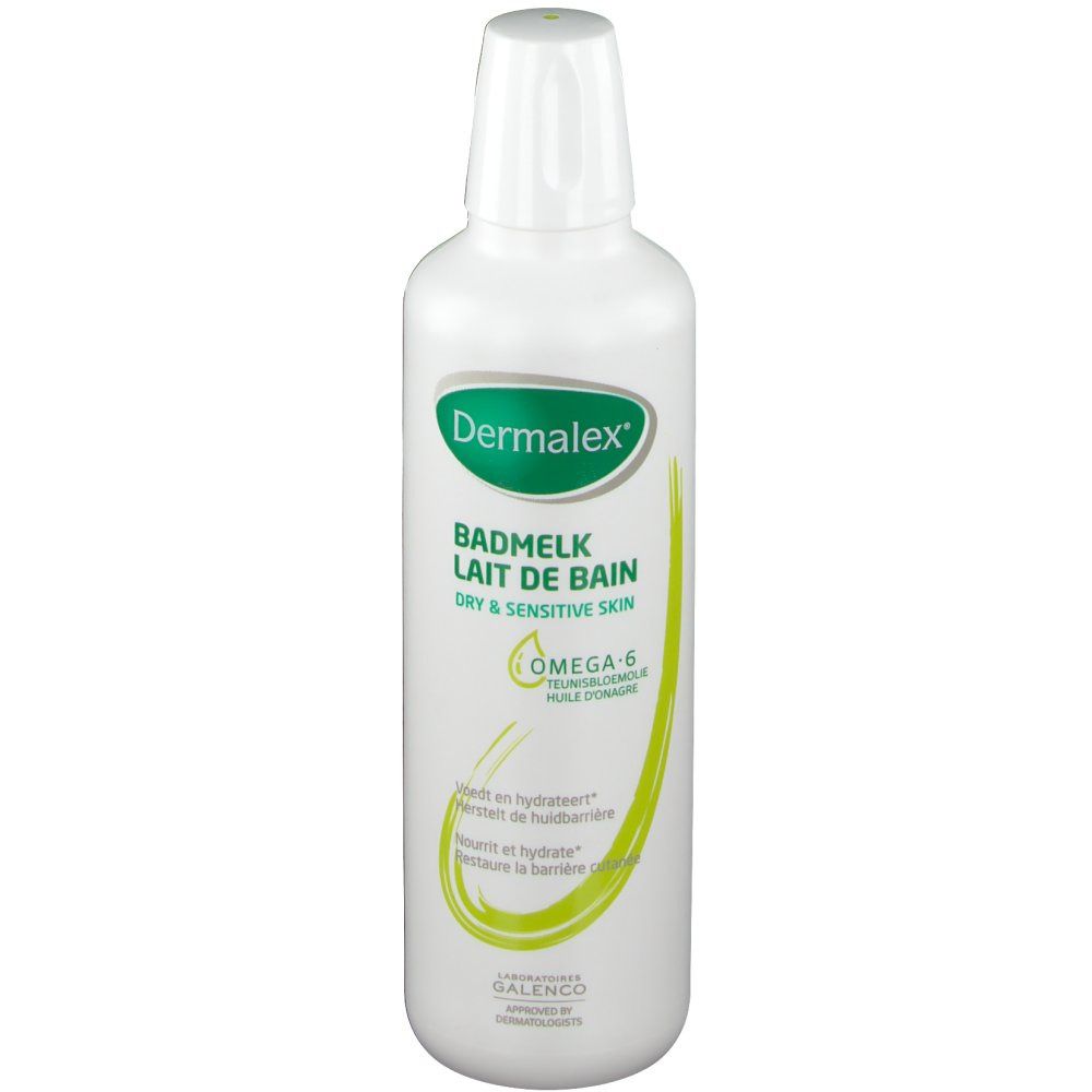 Witte fles met groen etiket. Tekst: Dermalex Bademelk Lait De Bain. Voor droge en gevoelige huid. Omega-6.