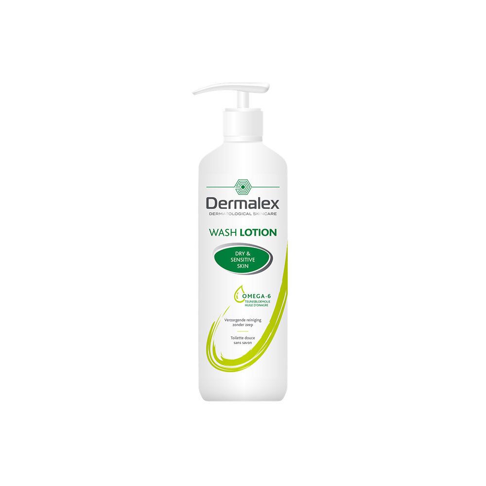 Flacon blanc avec pompe. Inscription Dermalex, Wash Lotion, pour peaux sèches et sensibles. Contient Omega-4.