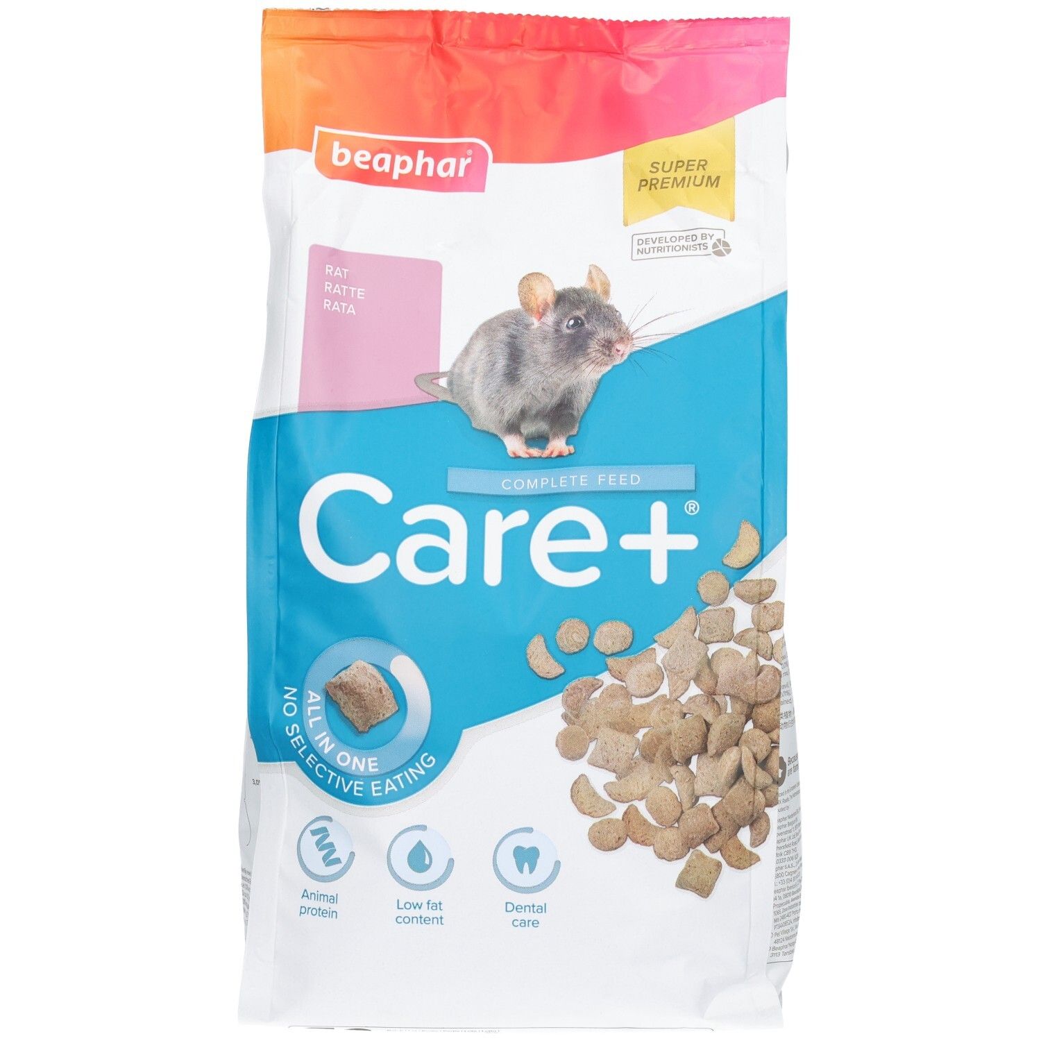 Voorkant van een Beaphar Care+ rattenvoerzak met een afbeelding van een rat en productkenmerken.