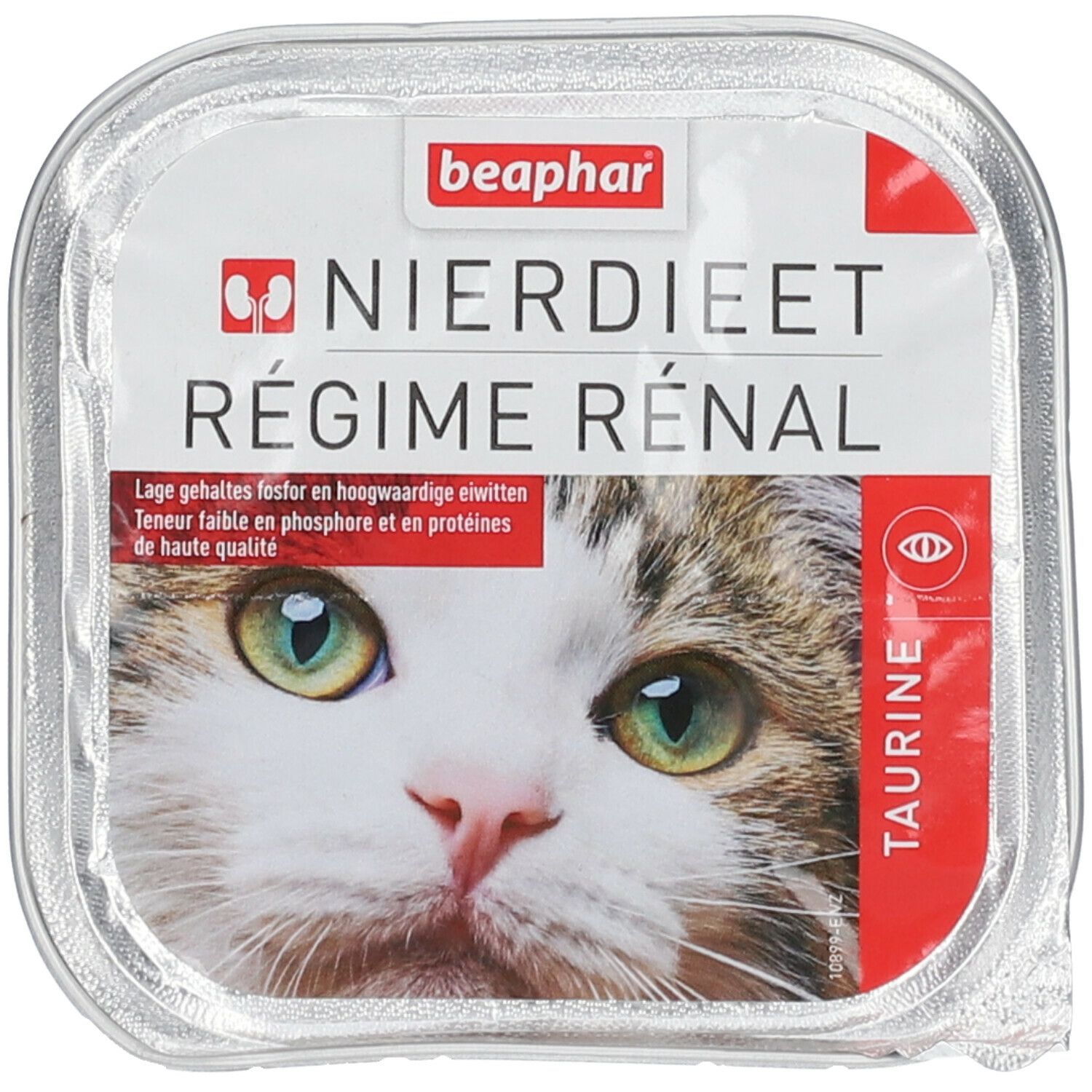 Beaphar Régime Rénal Taurine. Kattenvoer in bakje. Kat met groene ogen. Tekst: Nierdieet Régime Rénal.