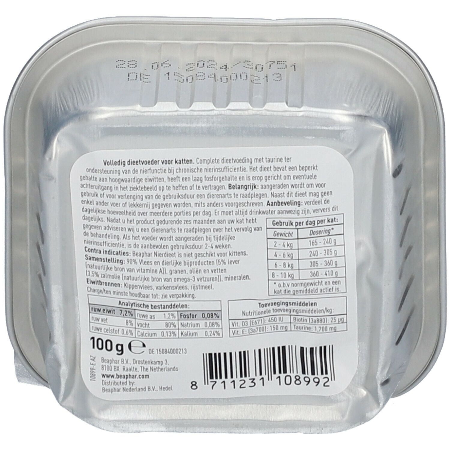 Beaphar Régime Rénal Taurine. Achterkant van het bakje. Tekst: Volledige diervoeding voor katten. Voedingswaarde en ingrediënten.