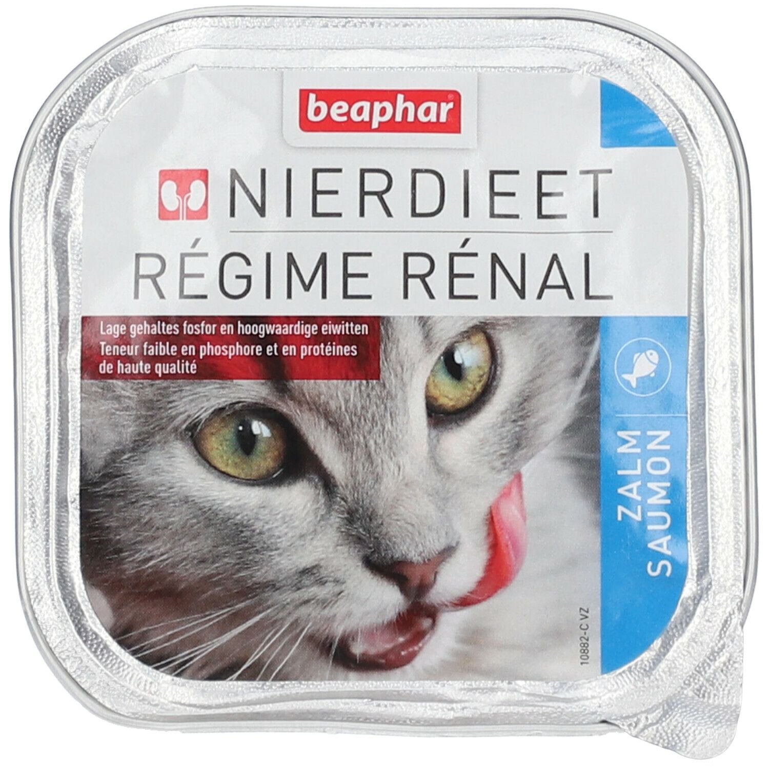 Beaphar Nierdieet Régime Rénal. Likken kat. Doos met productinfo en Zalm Saumon.