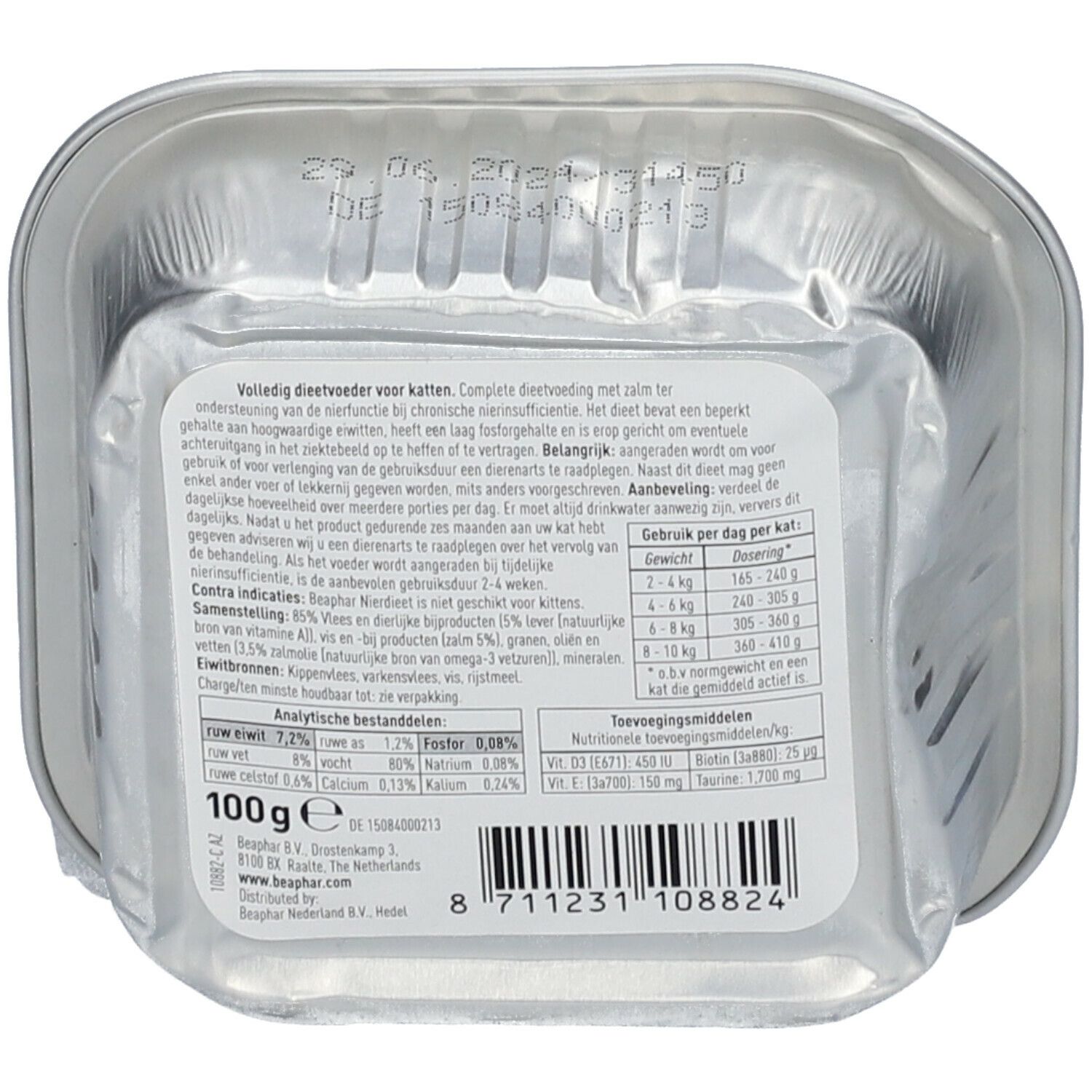 Beaphar Nierdieet Régime Rénal. Doos van onder. Productinfo, barcode en gewicht.