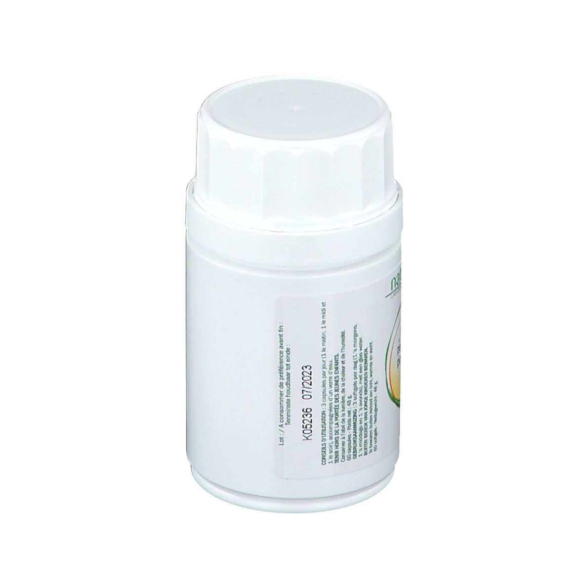 Flacone bianco con tappo a vite. Scritta: naturactive, ELUSANES, pépins de courge pompoenpitten. Con data di scadenza.