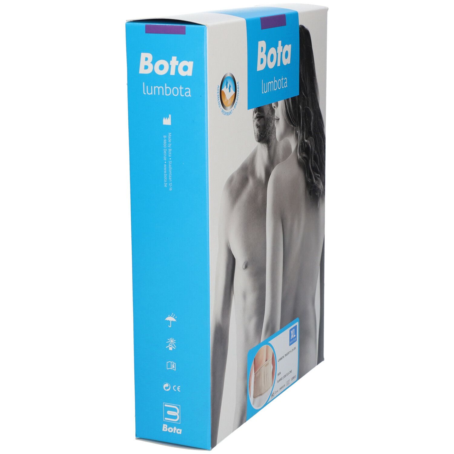 Verpakking Bota Lumbota. Blauw-wit, zijaanzicht, logo, productafbeelding.
