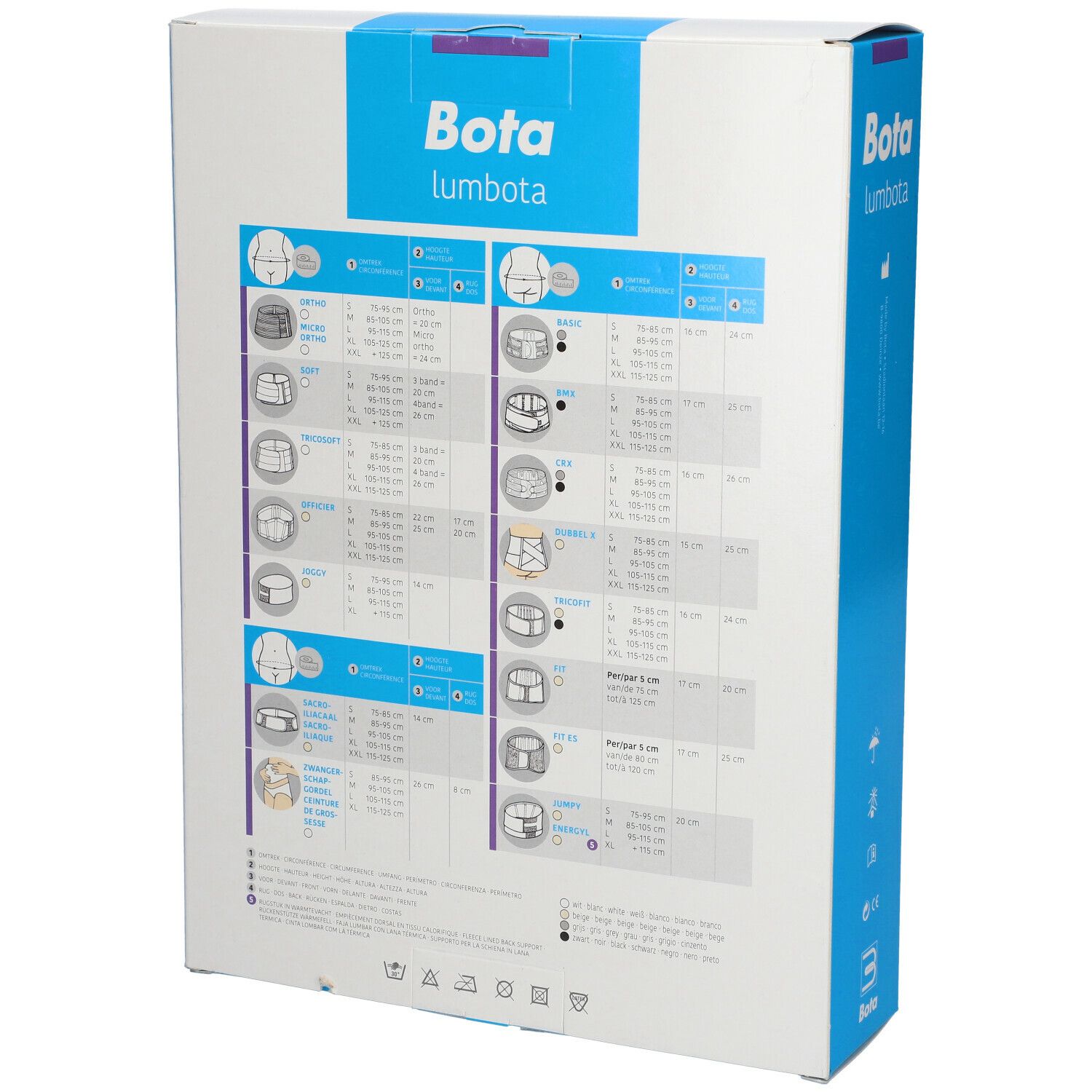 Verpakking Bota Lumbota. Achterkant met maattabel en productinformatie.