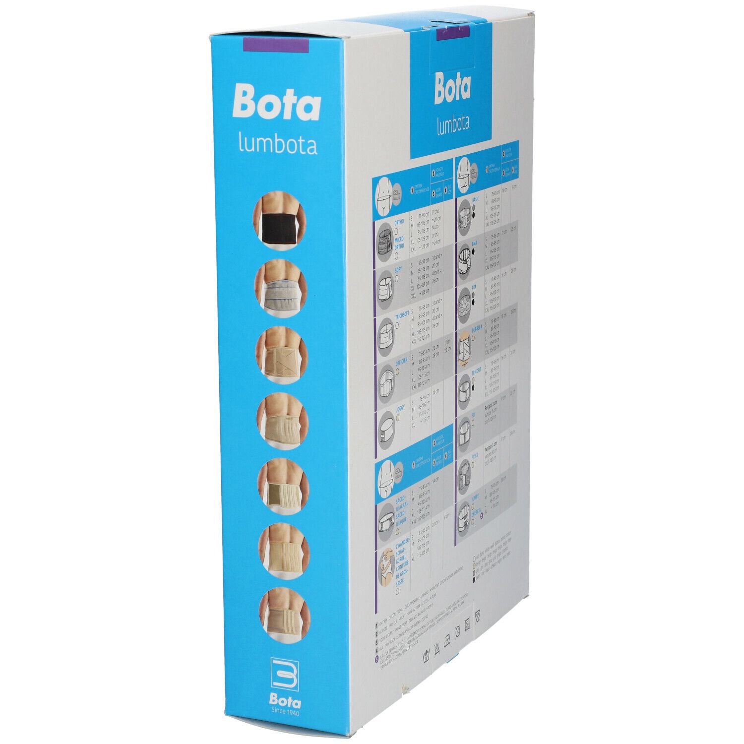 Verpakking Bota Lumbota. Zijaanzicht, productafbeeldingen, maattabel.