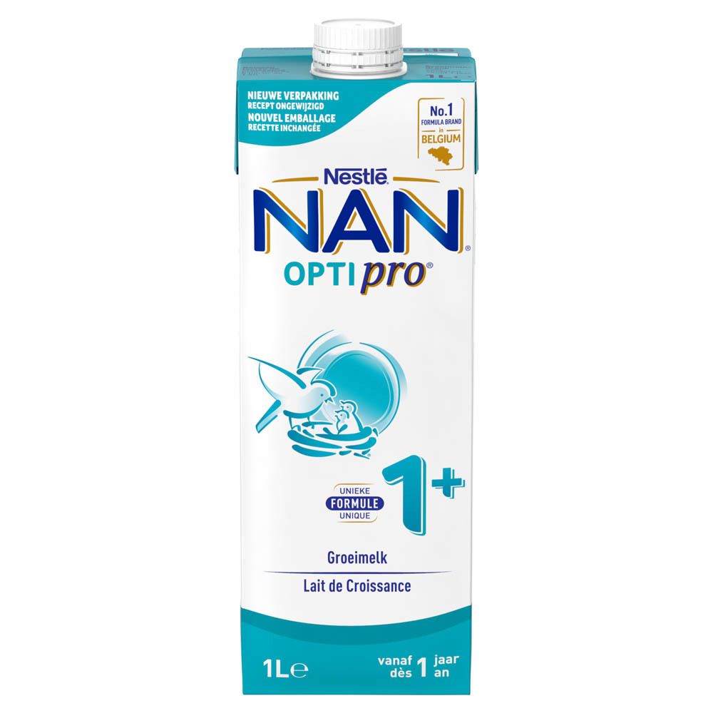 Verpakking Nestlé NAN OPTIPRO 1+ groeimelk. Blauw-wit design, 1 liter. Bevat logo, productnaam en leeftijdsindicatie.