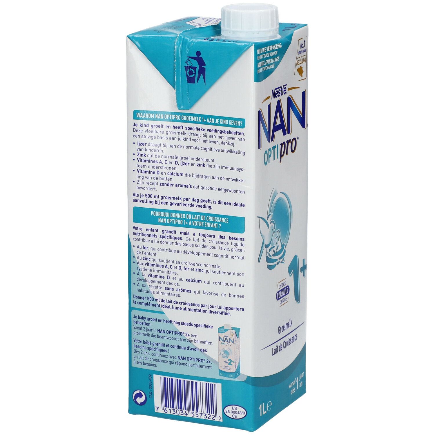 Achterkant verpakking Nestlé NAN OPTIPRO 1+ groeimelk. Tekst in meerdere talen. Bevat productinformatie en QR-code.